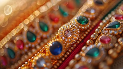 Fototapeta premium Shimmering Details of Ornate Indian Jewelry Against Natural Light Backdrop Highlighting Ethnic and Traditional Elements Vibrant Colors and Hyper