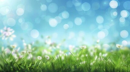 Fototapeta premium beautiful spring meadow with green grass and blue sky abstract bokeh background