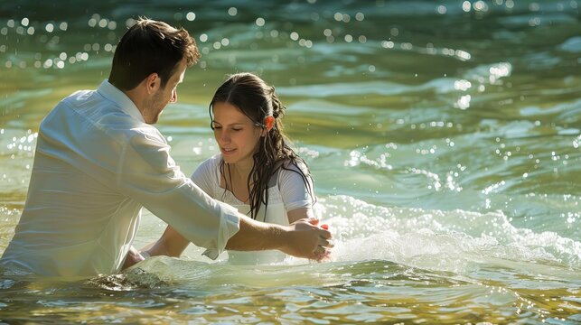 baptism ceremony man assisting woman with river immersion christian sacrament photo