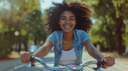 Obraz premium Dark-skinned girl smiling while riding a bicycle