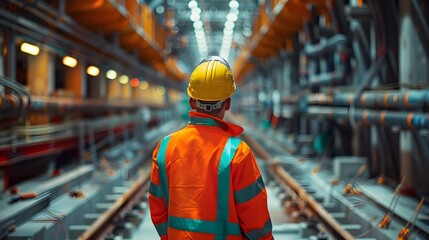 Worker in Reflective Safety Gear Inspecting Newly Constructed Industrial Facility with Meticulous Attention to Detail and Vibrant Textures