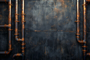 Industrial old rusty metal copper pipes on a dark steampunk grunge metal wall, industrial steampunk background, web banner, plumbing services backdrop, advertisements flyer