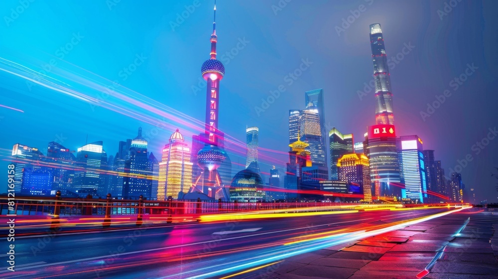 Aufkleber the light trails on the modern building background in shanghai china.
