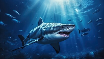 Fototapeta premium The great White Shark in the ocean, portrait of White shark hunting prey in the underwater