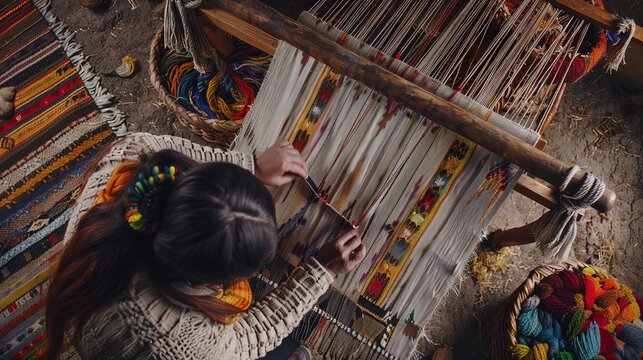 The photo shows a woman weaving a colorful carpet on a traditional loom