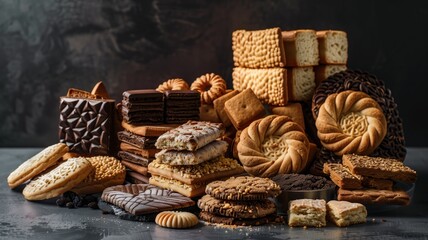  Assorted biscuits in a variety of textures and shapes.