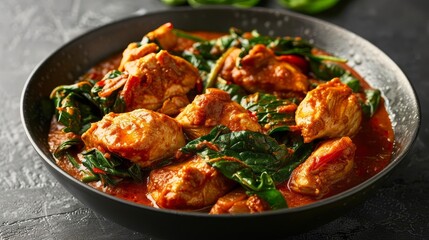 chicken vindaloo with spinach in black bowl portugueseinfluenced indian cuisine food photography