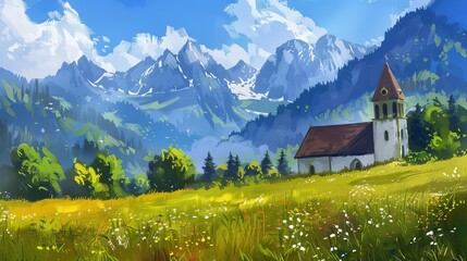 church in meadow with mountains in background digital landscape painting
