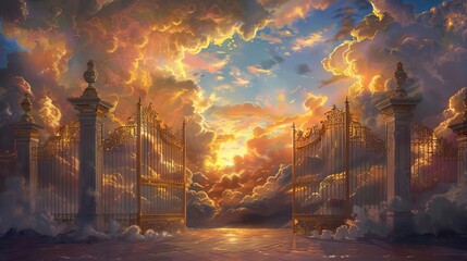 classic interpretation of the pearly gates the majestic entrance to heaven digital painting
