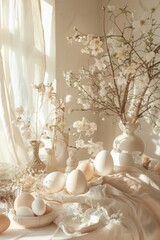 Table Adorned With White Flowers and Eggs