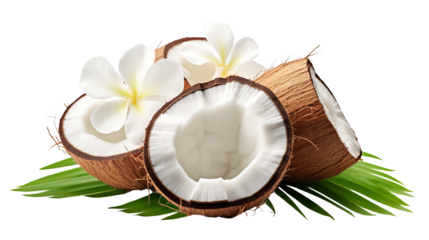 Fresh organic coconut halves with white flowers on palm leaves.