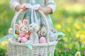 Little Girl Holding Basket of Stuffed Animals
