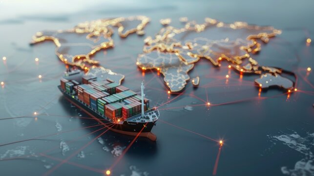 Fototapeta World map with logistic network distribution on background. Logistic and transport concept in front Industrial Container Cargo freight ship for Concept of fast or instant shipping, Online goods orders