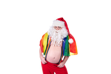 Funny fat man in a Santa Claus costume at a gay parade. White background. 