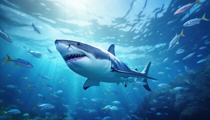 Obraz premium The great White Shark in the ocean, portrait of White shark hunting prey in the underwater