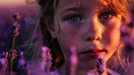 A young girl with electric blue eyelashes is gently smelling violet flowers in a field, surrounded...