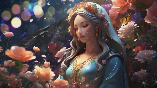 a very beautiful princess amidst the beauty of a blooming flower garden, in 3d anime or cartoon illustration style, seamless looping time lapse virtual 4k video animation background