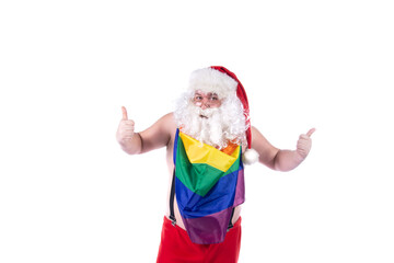 Funny fat man in a Santa Claus costume at a gay parade. White background. 