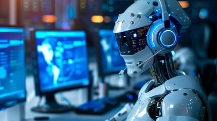 Portrait of aItechnology android robot, futuristic robot or fantastic cyborg answering calls while working.