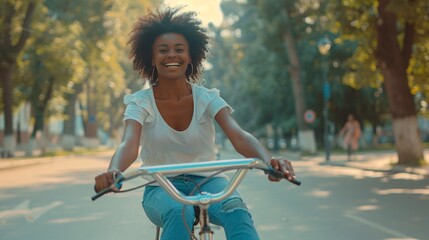 Obraz premium Dark-skinned girl smiling while riding a bicycle