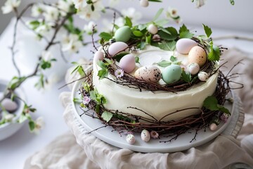 Fototapeta premium Cake Decorated With Birds Nest and Eggs