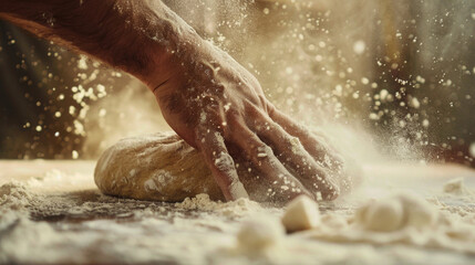 Fototapeta premium Baker's hands knead dough on the table in a closeup photo of making pizza at home in the kitchen, focused on the hand and food with flour dust in the air.