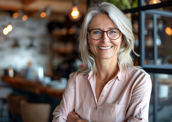 The portrait of a mature and elegant woman who owns a small business exudes sincerity and joy of life. Her radiant smile reflects her satisfaction with her professional achievements.
