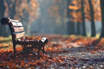 The image shows a park bench in the fall. The bench is empty, and the ground is covered with fallen leaves. The trees in the background are bare. The image is peaceful and serene. - Powered by Adobe