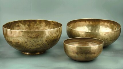 Antique Bronze Singing Bowls on a Textured Turquoise Background.
