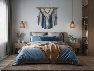 Close up of bed with blue and beige bedding. Boho, farmhouse interior design of modern bedroom.