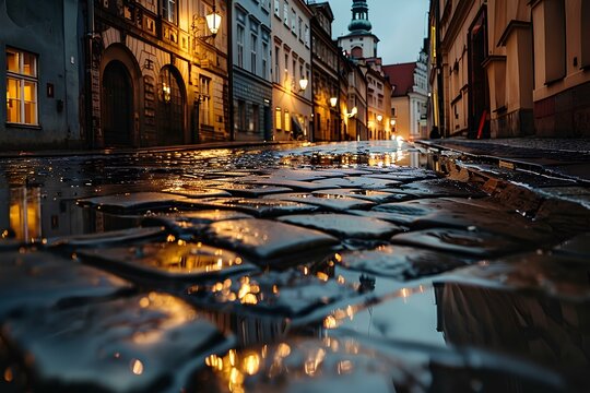 The wet cobblestone street reflects the lights of the old city.