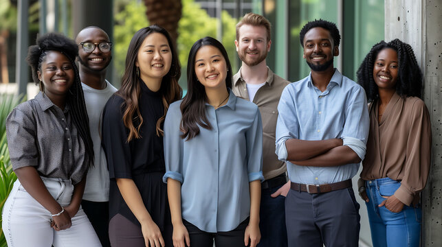 A cohesive millennial team stands together, their confident and smiling faces 