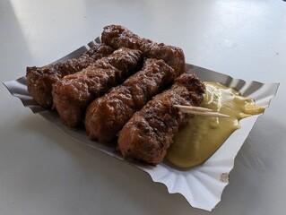 Mici cu mustar and a toothpick on a paper plate. Traditional romanian fast food. 