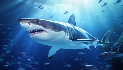 Fototapeta premium The great White Shark in the ocean, portrait of White shark hunting prey in the underwater