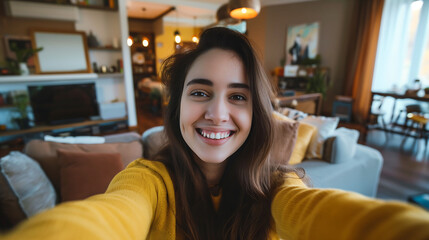 A cheerful young millennial woman takes a selfie, beaming with happiness in the cozy ambiance of a modern living room, captured in high definition. Keywords Selfie, Happy,
