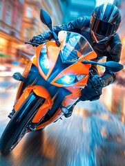 racer on a motorcycle rides at high speed on a blurred background. Concept: competitions and track riding	