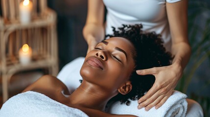 Immerse yourself in the soothing atmosphere of relaxation with this realistic stock photo capturing a dark-skinned woman massage therapist at work