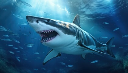 Fototapeta premium The great White Shark in the ocean, portrait of White shark hunting prey in the underwater