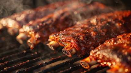 High-resolution capture of succulent BBQ ribs slowly smoking on the grill, natural lighting, vibrant colors. Ai generated