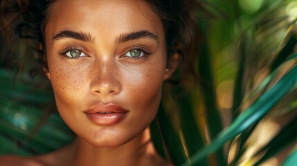 Fototapeta premium closeup portrait of beautiful tanned woman with natural makeup in exotic jungle