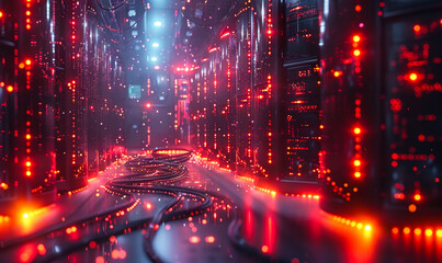Futuristic Data Highway: Luminous Fibers Transporting Digital Information Inside Glowing Server Matrix, Technology Concept of High-Speed Connectivity