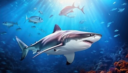 Obraz premium The great White Shark in the ocean, portrait of White shark hunting prey in the underwater