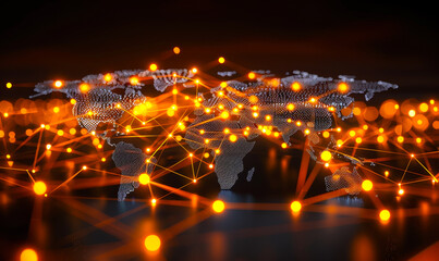 Obraz premium Global Connectivity Illuminated: Orange Mesh Network Lines and Dots Mapping the World Against a Dark Backdrop