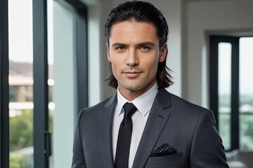Fototapeta premium A man with a smile wearing formal wear, tie, and facial hair
