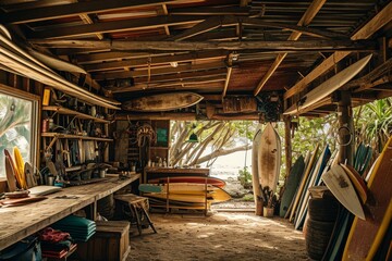 Fototapeta premium Surfer's beach shack with surfboards strewn all around, Surfer's beach background, Ai generated