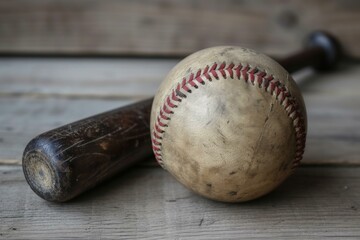 Old, worn baseball and bat with red stitching on rustic wood planks