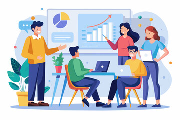 Business team working together, brainstorming, discussing ideas for project. People meeting at desk in office. illustration for co-working, teamwork, workspace concept,flat illustration