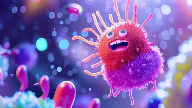 Animated microbe in a vibrant microscopic world