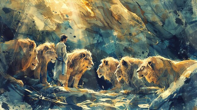 daniel in the lions den biblical story fearless faith amidst hungry beasts digital watercolor painting