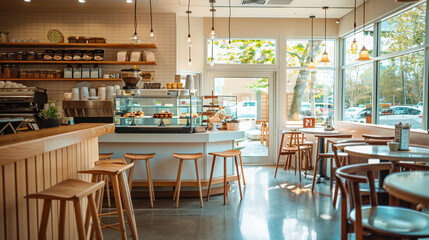 photo of a modern coffee shop with pastries and cakes behind the counter, a cozy interior design with wooden barstools at tables and bright light from large windows providing natural lighting